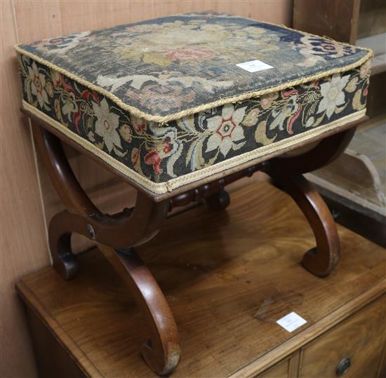 A Victorian X frame tapestry top stool, W.41cm